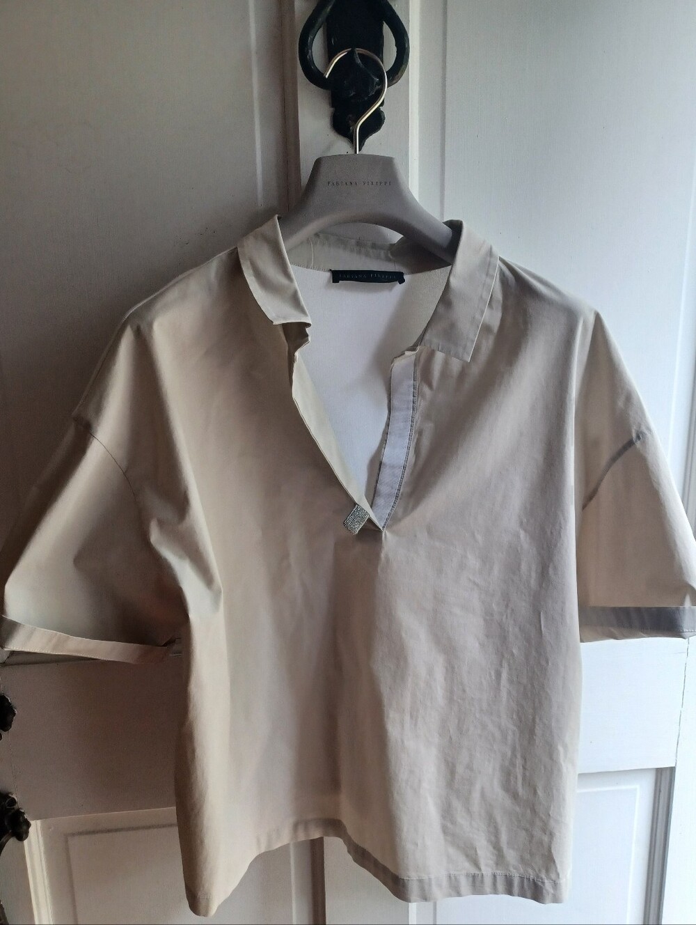 Fabiana Filippi Boxy Beige/White  Short-Sleeve Polo Shirt